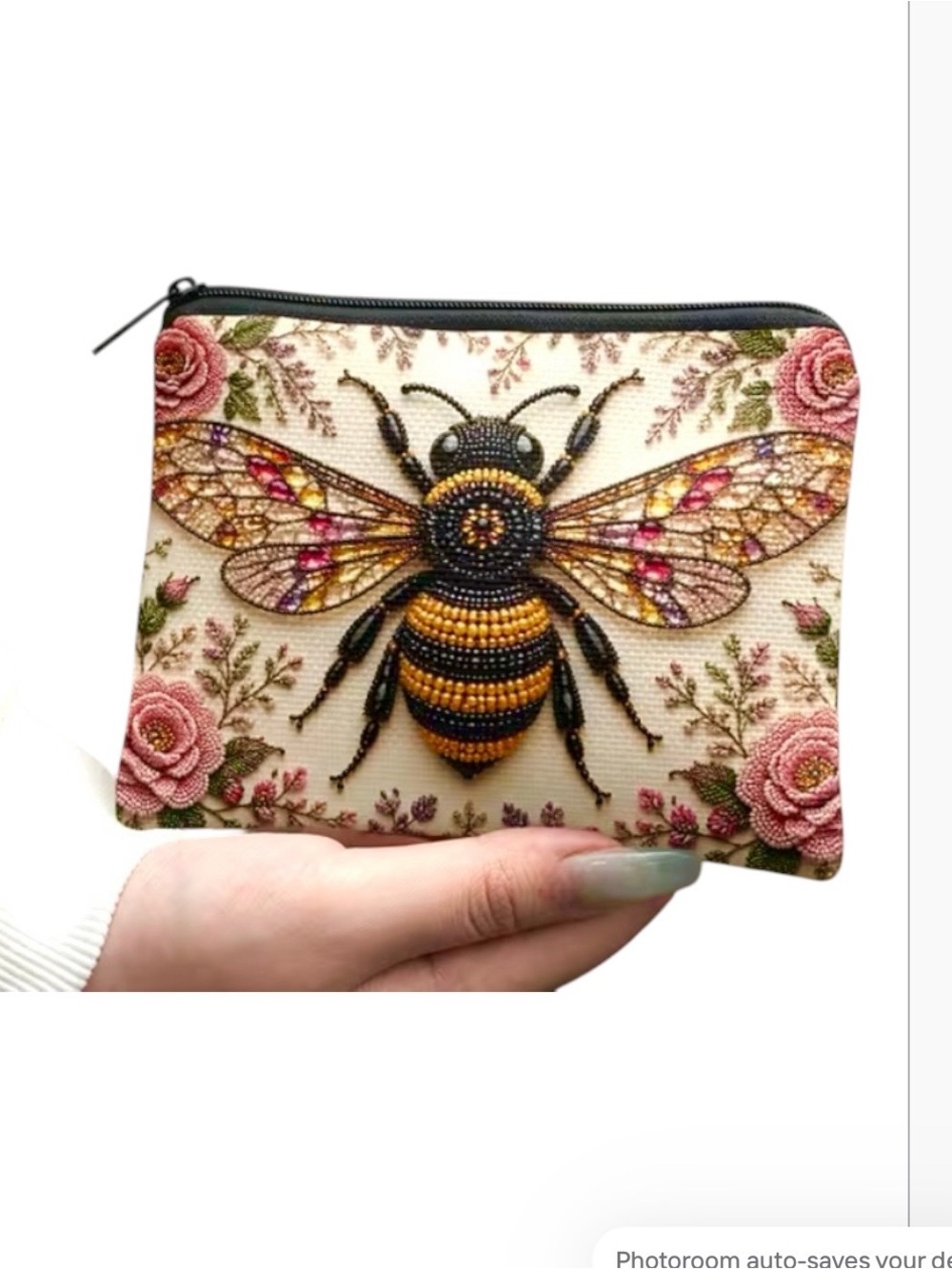 Embroidered Bee Floral Zip Pouch - Cream and Black Brand New